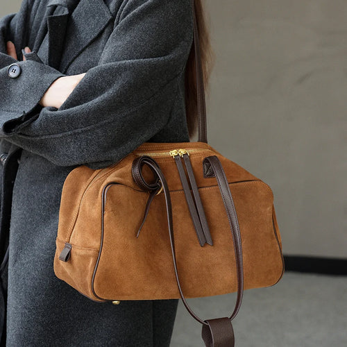 Autumn Winter Women's Cow Genuine Leather Tote Bag Suede Commuting Cowhide Handbags Large Capacity Designer Luxury Velvet Bags